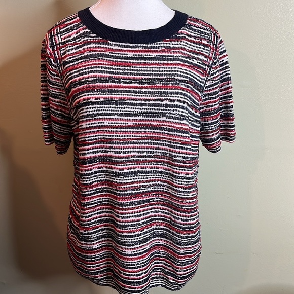 J. Crew Women's 100% Linen beadi Short Sleeve Sweater Red Blue White - Picture 1 of 12